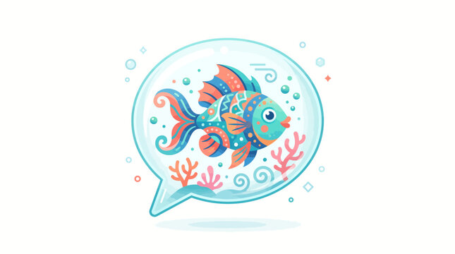 A colorful fish swims within a light blue speech bubble illustration