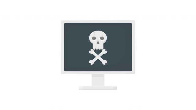 Animated computer monitor with skull warning symbol on white background, malware cyber threat and computer security concept