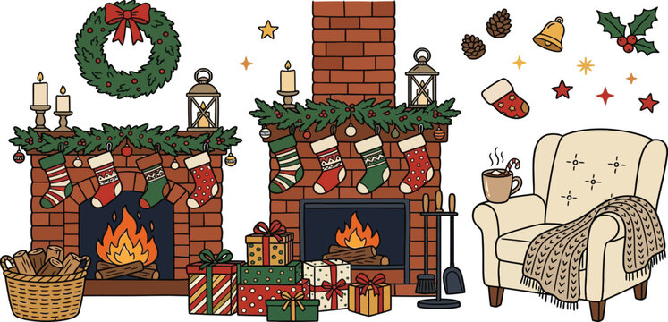 Set of cozy christmas fireplace elements and festive home decor illustrations with holiday stockings christmas gifts winter fireplace yule log christmas wreath hot chocolate brick fireplace