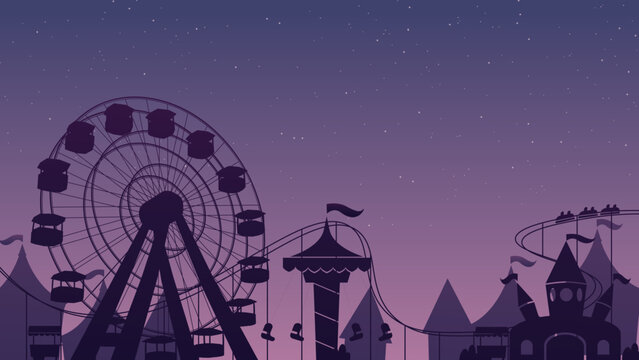 Silhouette-style amusement park landscape background featuring a Ferris wheel and roller coaster; vector design of an amusement park at night with silhouettes of a roller coaster and Ferris wheel.