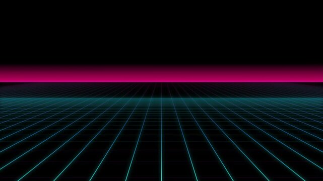 Retro futuristic grid perspective lines looping forward on dark space pink horizon background.