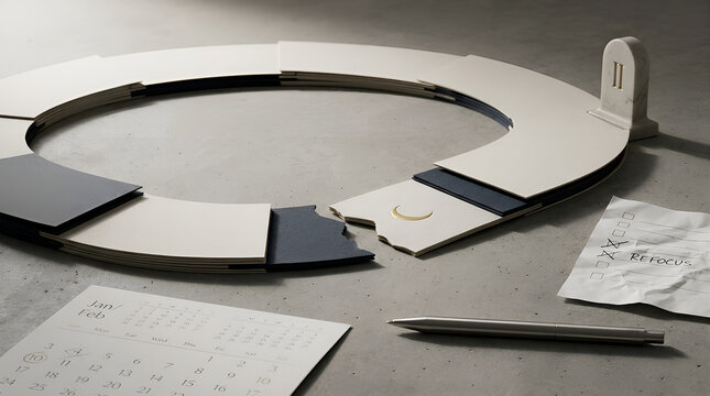 Circular Replanning Concept with Broken Calendar Pages and Refocus Checklist