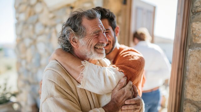 Prodigal son and father embracing in a heartfelt reunion, weathered textures and warm bronze light for biblical teaching and emotion
