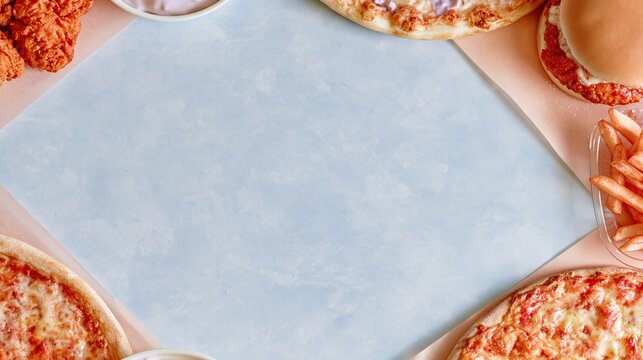 Takeout food including pizza, burgers, and fried chicken framing a blue textured surface with copy space for restaurant and delivery promotions