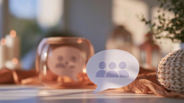 Dialogue bubble icon with communication symbols on a sunny surface, featuring a soft blue and yellow palette for business and education
