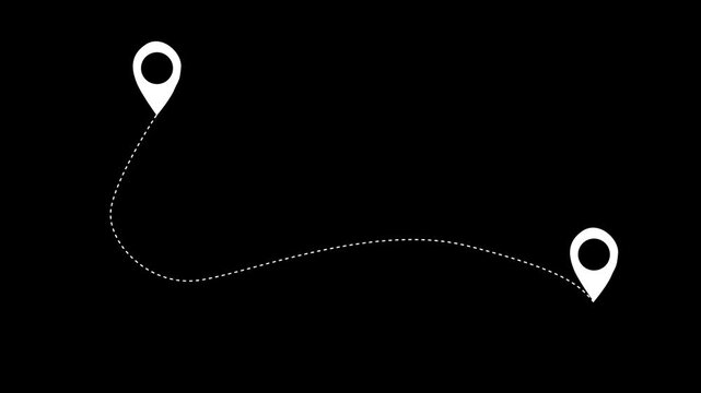 Animated dashed route line leading to map pin location pointer on white background