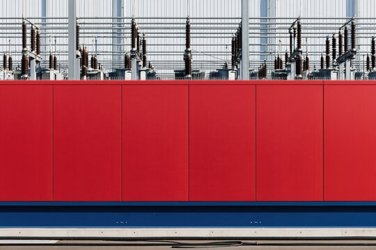 Industrial complex factory building beside extensive outdoor electrical substation with a bold red wall and blue base for infrastructure