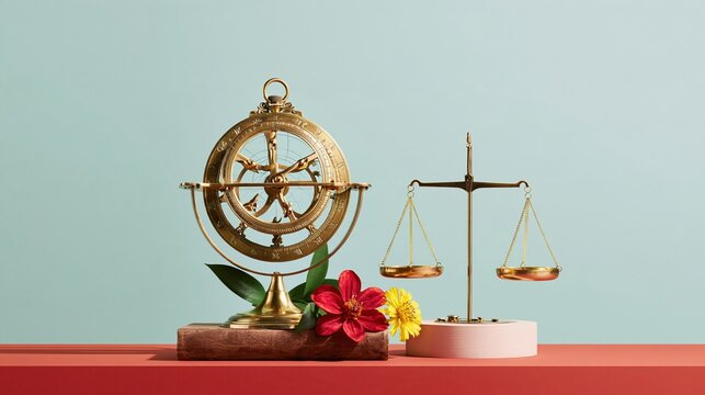Vintage brass astrolabe with zodiac symbols and scales resting on a wooden base, featuring a vibrant colorful background for conceptual advertising