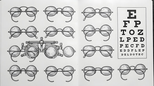 Vintage engraving illustrations of various eyeglasses and an eye chart