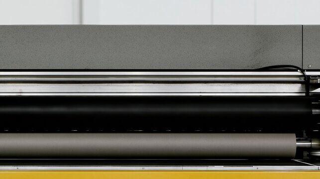 Industrial large format printer head moving across vinyl material, featuring brushed metal textures and a bold yellow accent for technical services