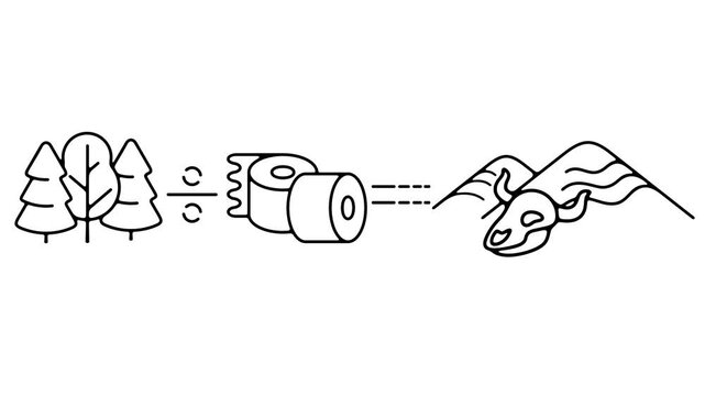 2D animated conceptual equation with alpha channel. Forest reveals a division sign and toilet paper, resulting in an equal sign with desert dunes and a horned animal skull. Represents deforestation an