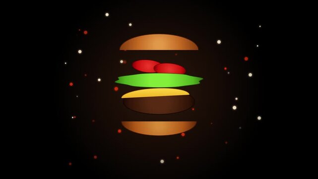 Animated fast food burger motion graphic, floating hamburger layers isolated on black background, graphic fast food presentation asset