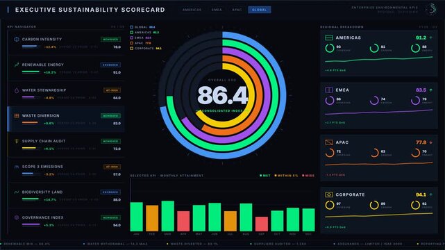 An executive sustainability scorecard animation featuring environmental KPIs across regions and divisions, set against a dark slate background with dynamic data visualizations.