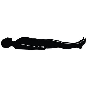 Male silhouette lying flat in corpse pose for meditation and body scanning.