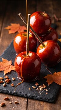 Glossy deep red candy apples with caramel drizzle on dark slate board, autumn maple leaves