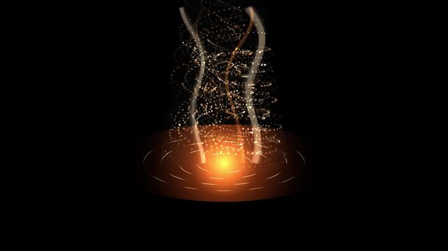 Abstract golden particle swirl vortex, glowing energy tornado burst background, magic sparkling light motion graphics overlay for video editing