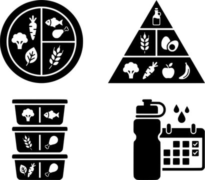 Healthy eating and diet planning vector icon set with food pyramid and meal prep containers