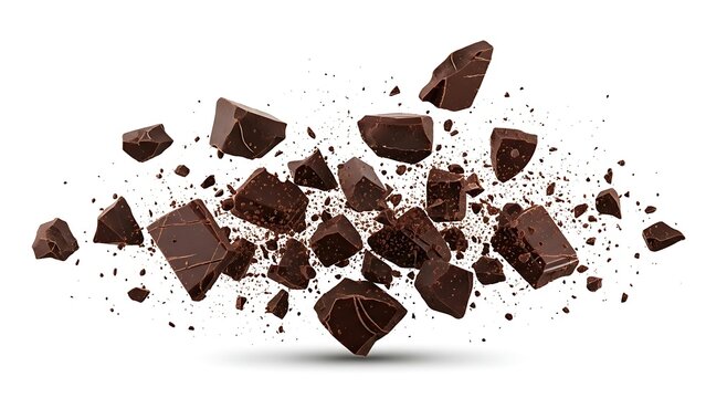 Chocolate chunks and pieces scattered in midair isolated on white background