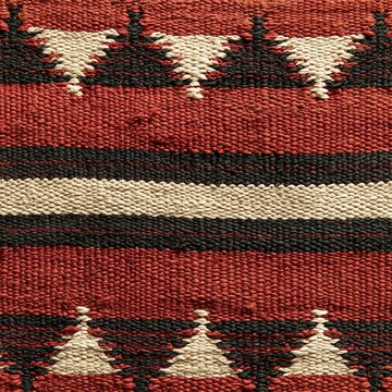 Woven textile with a bedouin weave pattern in red, black and cream, featuring a coarse wool texture for middle eastern backgrounds