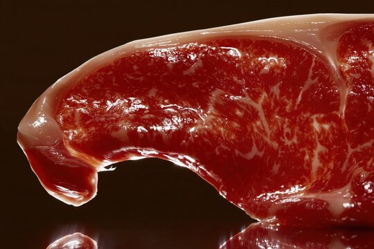 Texture of wagyu beef with white fat marbling glowing through a thin red slice on a dark surface, for premium butcher and restaurant menus