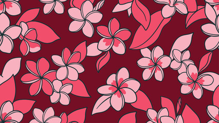 Seamless tropical plumeria floral pattern with pink frangipani flowers and vibrant leaves on a dark burgundy background, botanical vector illustration for textile and wallpaper design. © Robich Art