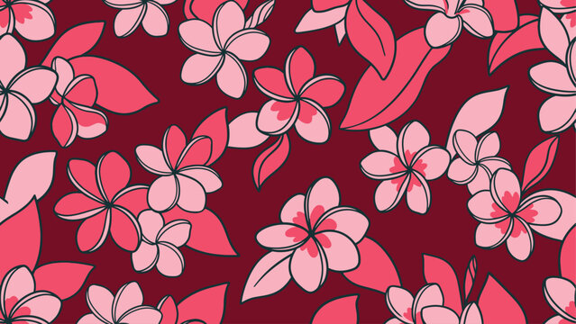 Seamless tropical plumeria floral pattern with pink frangipani flowers and vibrant leaves on a dark burgundy background, botanical vector illustration for textile and wallpaper design.