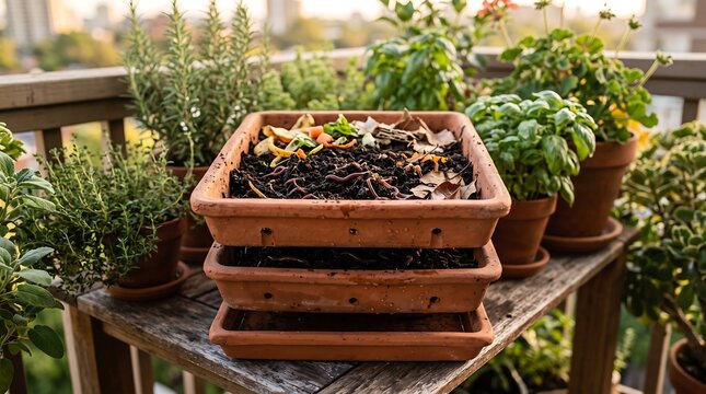 Composting worm farm on apartment balcony with various herbs and plants, vermicomposting for sustainable living and gardening.