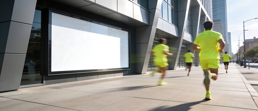 A group of joggers in bright neon yellow athletic wear run past a large blank horizontal billboard on a modern urban sidewalk, perfect for health and advertising mockups.