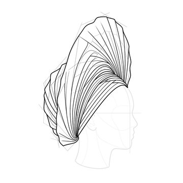 Hand drawn sketch of high towering gele headwrap on dummy head, profile view.