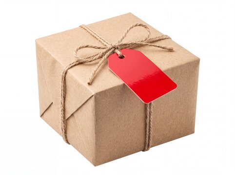 Brown craft paper gift box with red tag and twine on white background