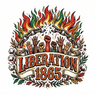 Juneteenth liberation 1865 illustration with raised fists breaking metal chains and colorful fire background