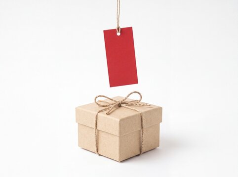 Brown cardboard gift box sits below a red price tag on white