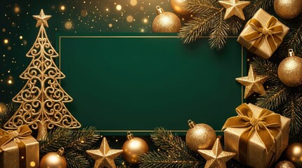 Fototapeta premium Elegant christmas background with a central green rectangular frame decorated with golden ornaments gift boxes and a decorative tree