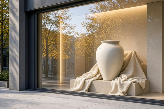 Large ceramic urn and draped linen cloth in a modern commercial show window