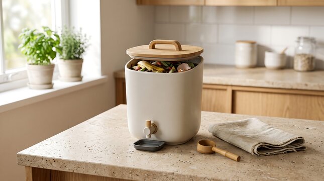 A large off-white ceramic compost bin with a wooden lid and spigot is filled with kitchen food scraps on a light-colored speckled kitchen countertop, with a small catch tray, a wooden 