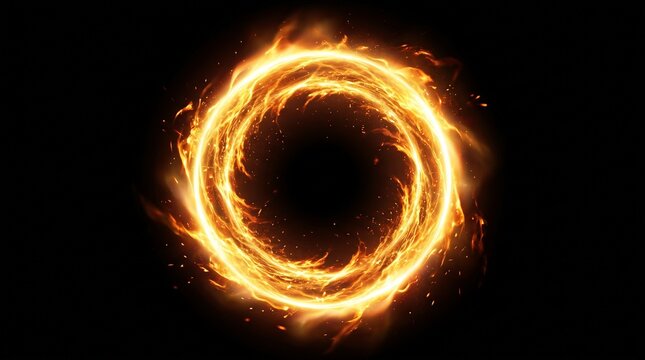 A golden magical fiery energy ring is glowing. Abstract light effect of a circle. Flaming ring, fire circle. Futuristic aura of flames for design. Isolated PNG with a black background.