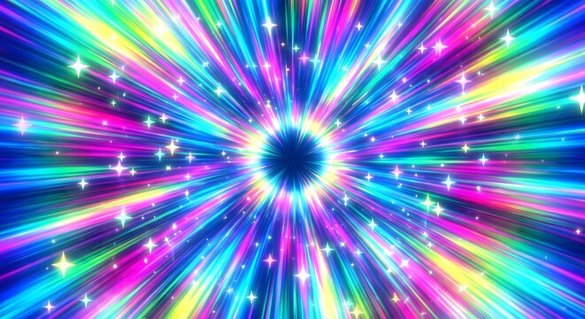 Abstract background with vibrant rainbow light rays and sparkling stars, dynamic energy explosion effect, colorful speed lines radiating from a dark center point