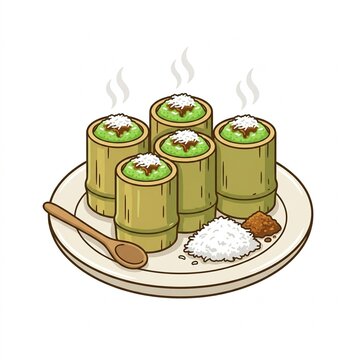 Indonesian kue putu bamboo steamed cake flat illustration
