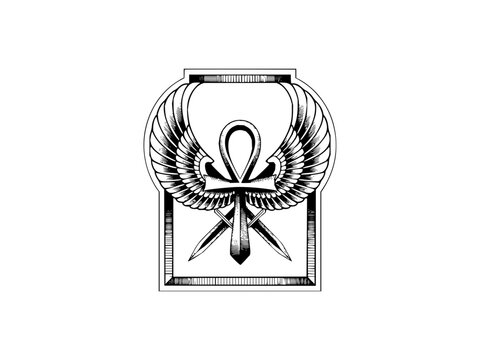 Intricate black line art of a winged ankh and crossed swords within a decorative frame on a white background vector