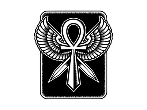 Symmetrical emblem featuring a winged ankh symbol and crossed blades set against a solid black background vector illustration