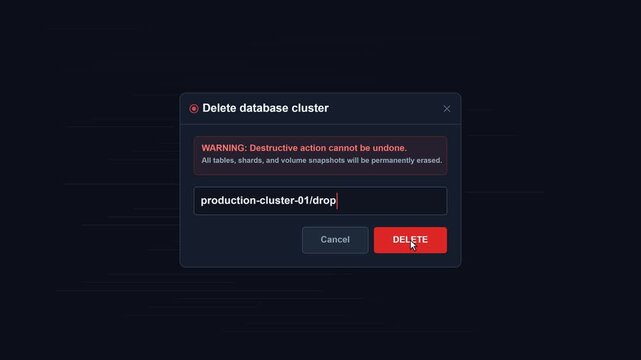 Database deletion warning with data security confirmation