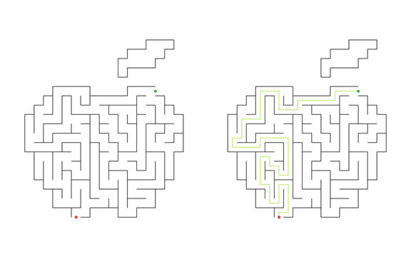 Apple shaped maze puzzle with start and finish points shown beside completed solution path for logic game and educational activity