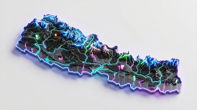 Abstract 3d map of nepal illuminated with glowing blue and green neon light lines on white background