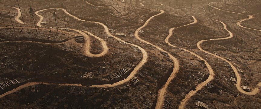 An aerial view of a deforested hillside featuring winding dirt roads and stacks of timber under a warm hazy light for environmental and industrial reporting.