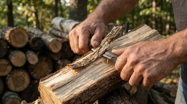 Close up of person peeling bark from firewood log