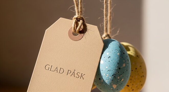 Hanging glad p&aring;sk Easter tag with speckled painted eggs