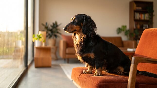 long haired dachshund sitting on orange armchair looking