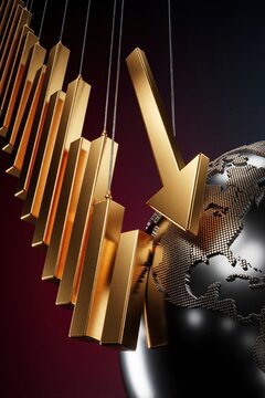 Gold bar chart with declining columns falls on metallic world globe. Large downward arrow hits earth sphere. Abstract 3D illustration shows global economic crisis, financial recession, market crash.