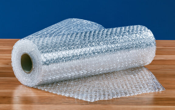 Roll of clear bubble wrap material displays protective air pockets. Material offers padding for fragile items packaging shipping goods or electronics safe transport.