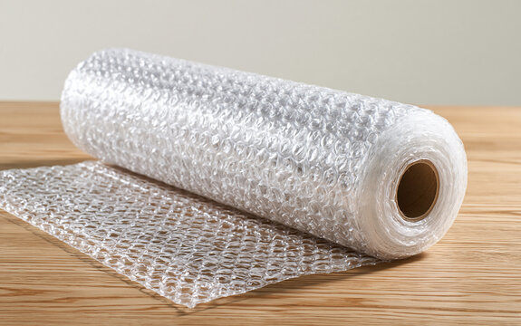 Roll of clear bubble wrap material displays protective air pockets. Material offers padding for fragile items packaging shipping goods or electronics safe transport.